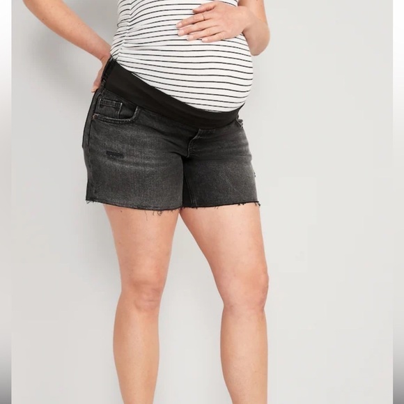 Maternity Front Low Panel OG Straight dark wash Jean Cut-Off Shorts - Picture 2 of 8